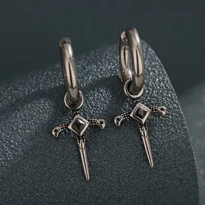 Punk Titanium Steel Cross Dagger Hoop Earrings For Men Women Black Zirconia Inlaid Vintage Silver Sword Drop Earrings Jewelry Gift