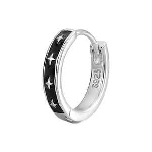 Silver S925 huggie hoop earring with black enamel and embossed four-pointed stars
