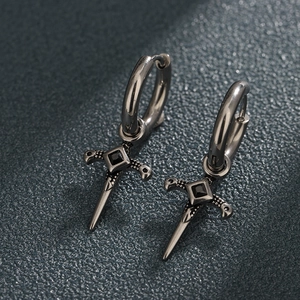 Gothic silver sword drop earrings with black zircon inlay and dark steel finish