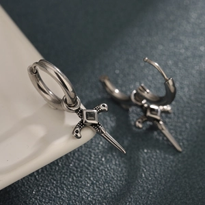 Gothic silver cross earrings with black zircon inlays and vintage punk aesthetic design