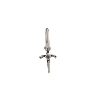 Gothic vintage silver hoop earring with black zircon dagger pendant for men and women