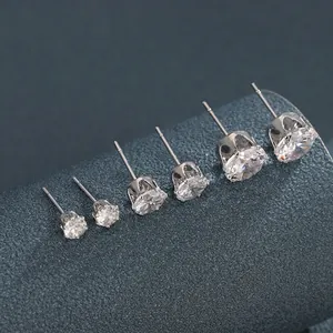Classic Six Claw Clear Rhinestone Stud Earrings For Men Women Unisex Simple Round Copper Electroplated Geometric Earrings Jewelry
