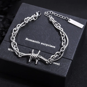 Punk Industrial Double Layer Chain Bracelet For Men Women Silver Titanium Steel Barbed Wire Design Hip Hop Streetwear Jewelry Gift