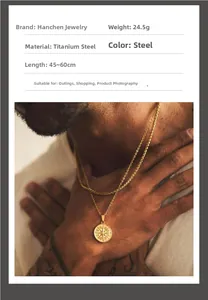 Detail of gold compass pendant with double layered twist chains on a model