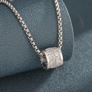 Polished silver cylinder necklace with baguette zircons and box chain for men and women