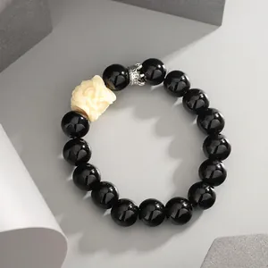 Handmade Lion Dance Beaded Bracelet With Black Obsidian Look Glass Beads Silver Crown Charm Jewelry Gift Men Women