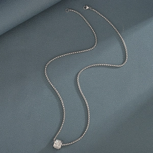 Titanium steel silver necklace with a rhinestone cylinder pendant in a minimalist design