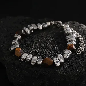 Retro Titanium Steel Spliced Tiger Eye Beaded Bracelet For Men Women New Chinese Style Minimalist Geometric Hand String Jewelry
