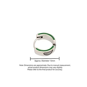Green enamel and silver metal hoop earrings with black and white dot patterns, 13mm size