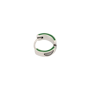 Modern silver hoop earring with green enamel lines and polka dot accents for men and women