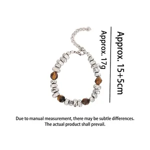 Silver-plated beads and brown faceted amber stone bracelet with adjustable lobster clasp