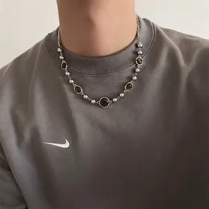 Collier Pendentif Vintage en Alliage Œil de Tigre Hip Hop Minimaliste Couleur Acier avec Perles pour Hommes Femmes Bijoux Mode