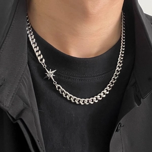 Silberner Octagramm-Sternanhänger an Edelstahl-Cuban-Kette für Damen und Herren