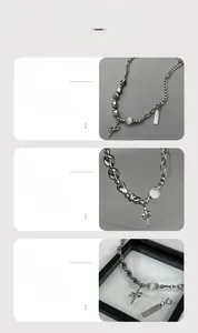 Detailed views of silver beaded necklace with rectangular plaque and star cross pendants