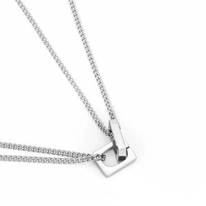 Collier à pendentif géométrique double couche minimaliste en acier argenté poli brillant