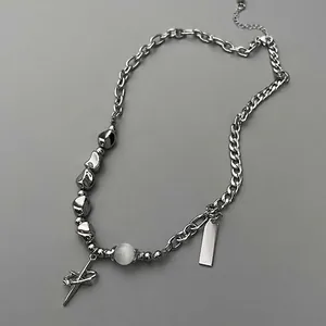Stainless Steel Cross Star Pendant Necklace For Men Women Hip Hop Asymmetric Chain Rhinestone Artificial Pearl Streetwear Jewelry
