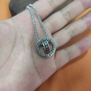 Vintage silver rotating pendant necklace with Buddhist six-character mantra engraving