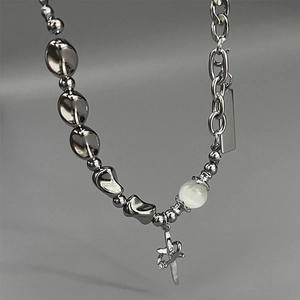 Asymmetric silver necklace with stainless steel beads, opal bead and cross star pendant