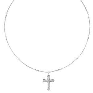Collier avec pendentif croix blanc argenté serti de zircons et gravures vintage