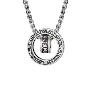 Vintage stainless steel spinning mantra necklace with engraved rotating double rings