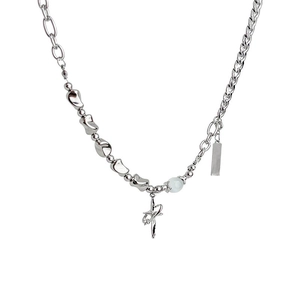 Silver star cross necklace with asymmetric chain and white bead in minimalist style