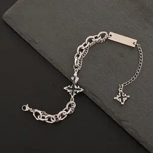 Bracelet Double Chaîne en Alliage Punk Gothique Avec Pendentif Croix Hip Hop Couleur Argent Réglable Bijoux Pour Homme Femme