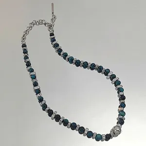 Collier Perlé en Œil de Tigre Bleu Fait à la Main pour Hommes Femmes Acier au Titane Minimaliste Hip Hop Unisexe Bijoux
