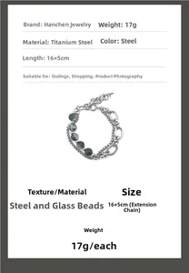 Detail view of double-layer stainless steel bracelet with grey cracked glass beads