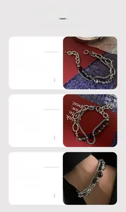Detail of double-layer titanium steel bracelet featuring grey crackle beads and silver chain