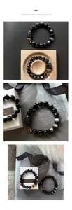 Vues détaillées du bracelet en perles d'obsidienne avec breloque lion et coffret cadeau