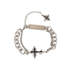 Bracelet gothique en acier inoxydable argenté avec croix en émail noir et plaque
