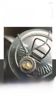 Détail du collier en acier titane avec un pendentif relief de montagne doré