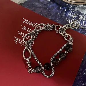 Hip Hop Titanium Steel Double Layer Bracelet For Men Women Crackle Glass Bead Geometric Chain Adjustable Bracelet Jewelry