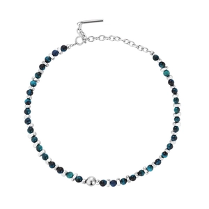 Collier en perles d'oeil de tigre bleu avec détails argentés style hip-hop unisexe