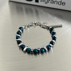 Minimalist natural blue tiger eye beaded bracelet with silver industrial metal hardware