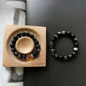 Bracelet en Perles d'Obsidienne Naturelle pour Hommes Femmes Anneau en Argent Couleur Contrastée Charme de Bête Mythique Pi Xiu Bijoux de Niche