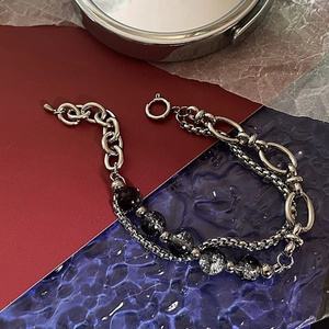 Double-layered curb chain and cracked bead bracelet in stainless steel for women