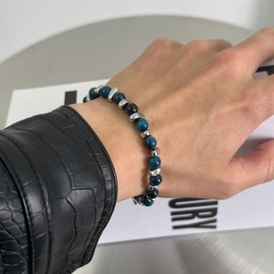Blue tiger eye stone beaded bracelet with irregular silver metal accents for men and women