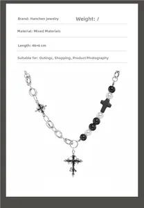 Gothic industrial cross necklace detail with black and white beads and 46cm metal chain