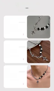 Detail of cross necklace featuring black and white beads with hypoallergenic plating