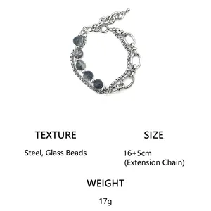 Double-layer stainless steel bracelet with cracked glass beads and silver finish chains