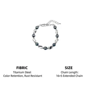 Polished titanium steel beaded bracelet with dark hematite stones and extension chain