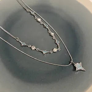 Trendy Double Layer Four Pointed Star Necklace Silver Plated Alloy Rhinestone Enamel Pendant Necklaces For Women Men Fashion Jewelry Gift