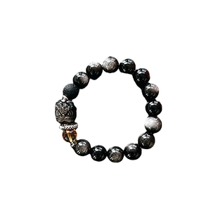 Bracelet en perles d'obsidienne noire avec breloque tête de lion argentée pour unisexe