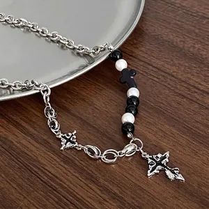 Gothic Cross Necklace Alloy Faux Artificial Pearl Black Beads Mixed Chain Asymmetric Punk Hip Hop Jewelry For Men Women