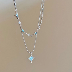 Double layered titanium steel necklace with star pendant and blue cubic zirconia stones