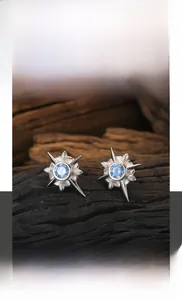 Detail of titanium steel star stud earrings with blue gemstone and rhinestone inlay