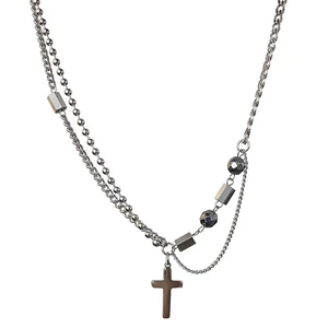 Collier double couche argenté avec pendentif croix et perles sur chaîne à billes chic