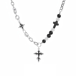 Gothic cross necklace with black and white beaded chain in Y2K streetwear style