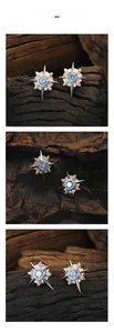 Detail of eight-pointed star stud earrings with blue gemstone in vintage silver finish
